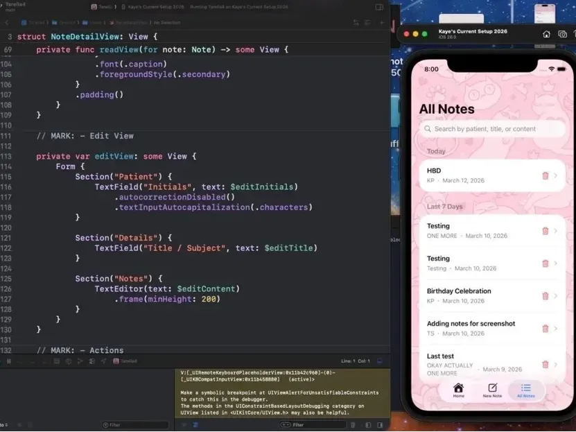 screenshot of programming work on an iOS app