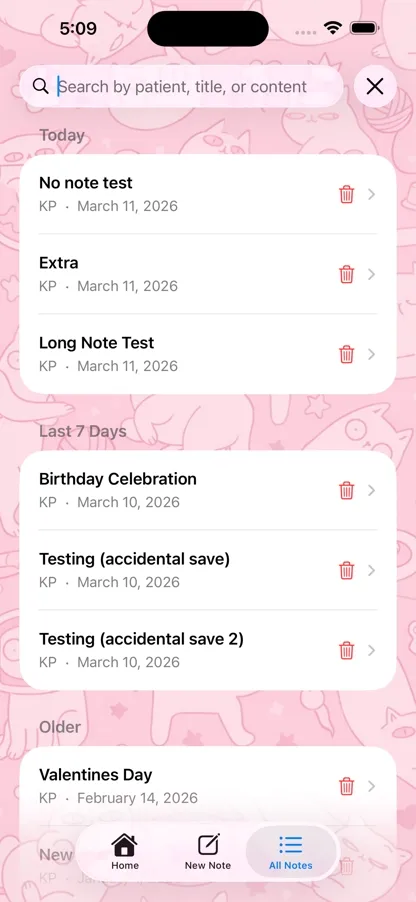 Preview of the note list in the Tarella Notes iOS app